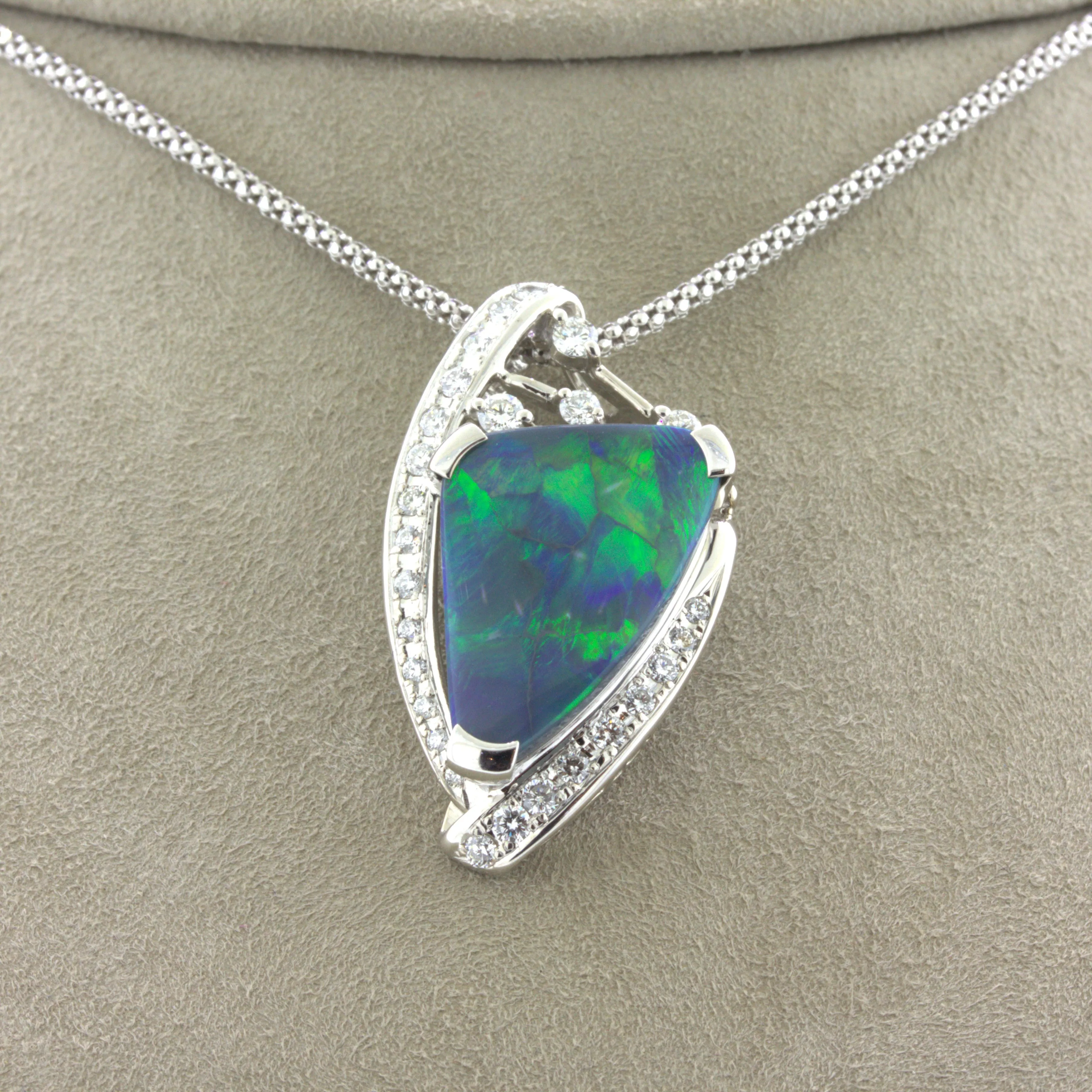 6.17 Carat Australian Black Opal Diamond 18k White Gold Pendant