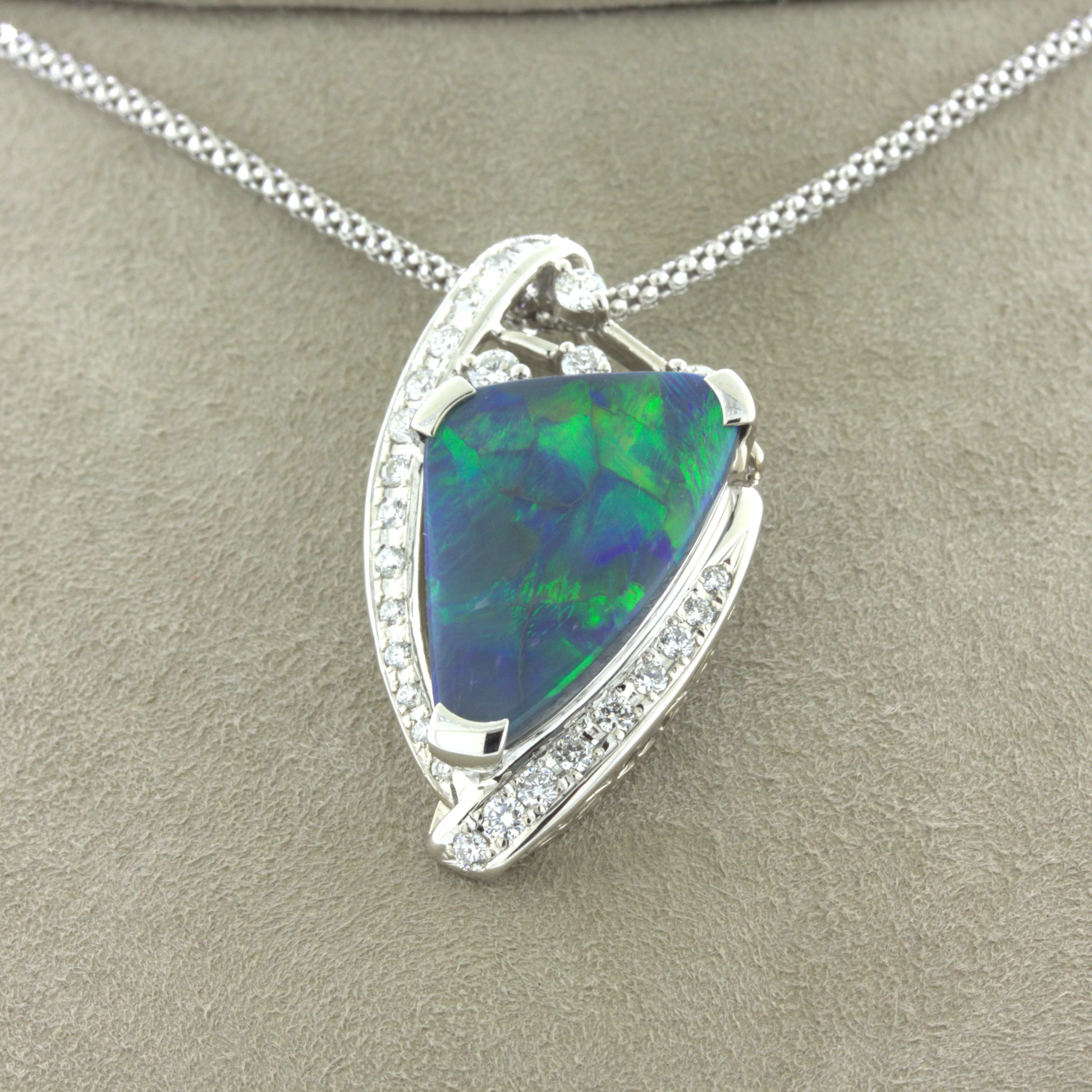 6.17 Carat Australian Black Opal Diamond 18k White Gold Pendant