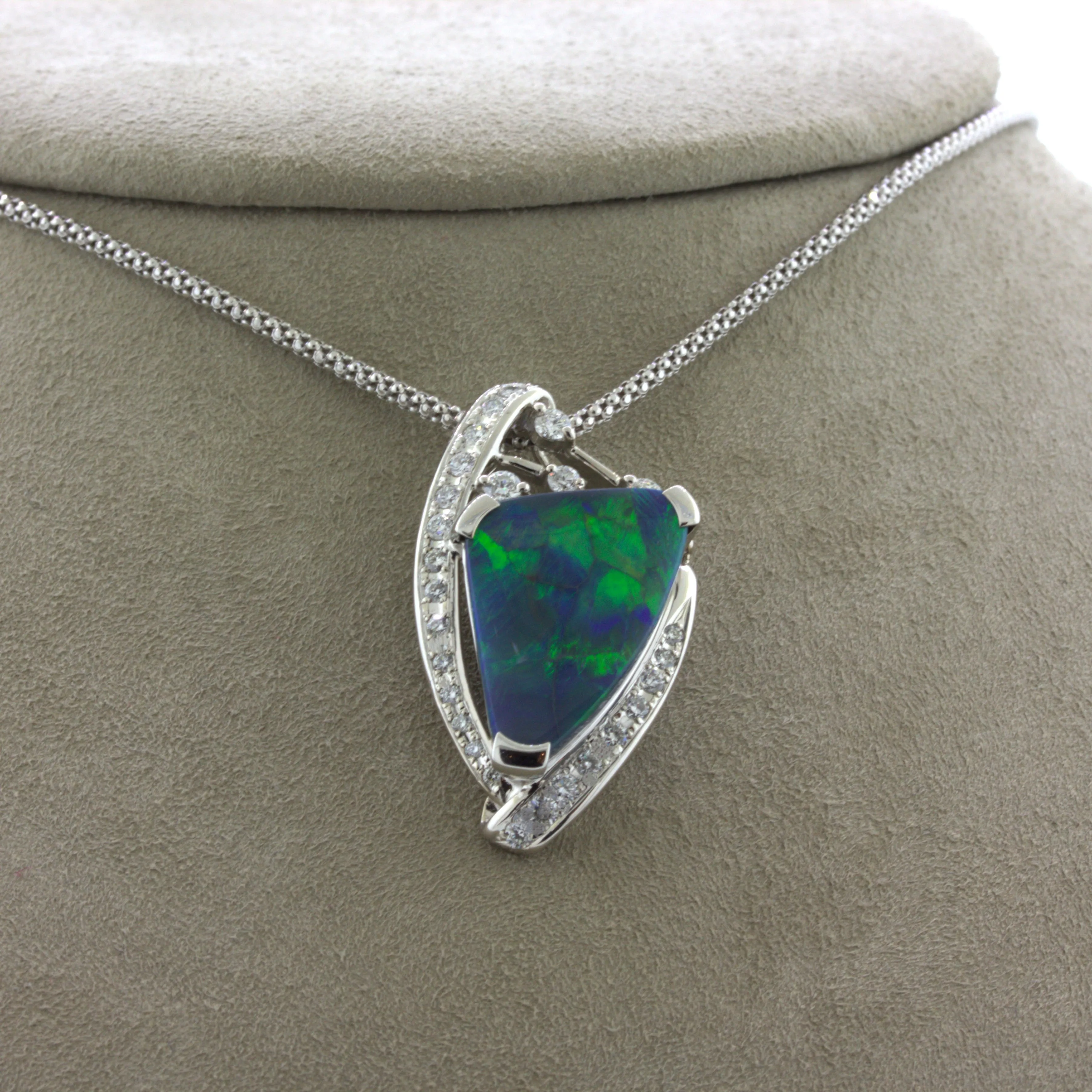 6.17 Carat Australian Black Opal Diamond 18k White Gold Pendant