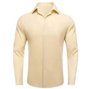 Beige Solid Stretch Woven Business Men's Long Sleeve Button Down Shirt