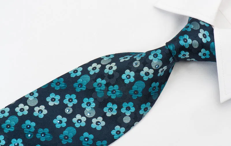Indian Homme Rhinestone Necktie Floral On Blue Woven Silk