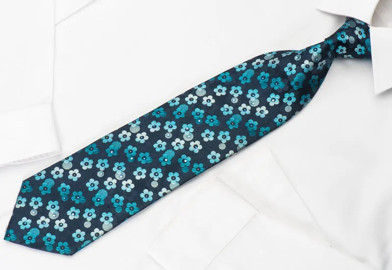 Indian Homme Rhinestone Necktie Floral On Blue Woven Silk