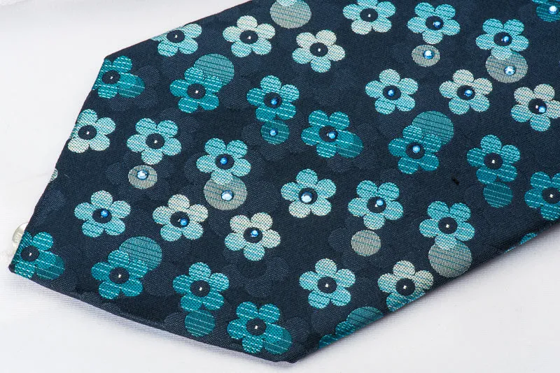 Indian Homme Rhinestone Necktie Floral On Blue Woven Silk