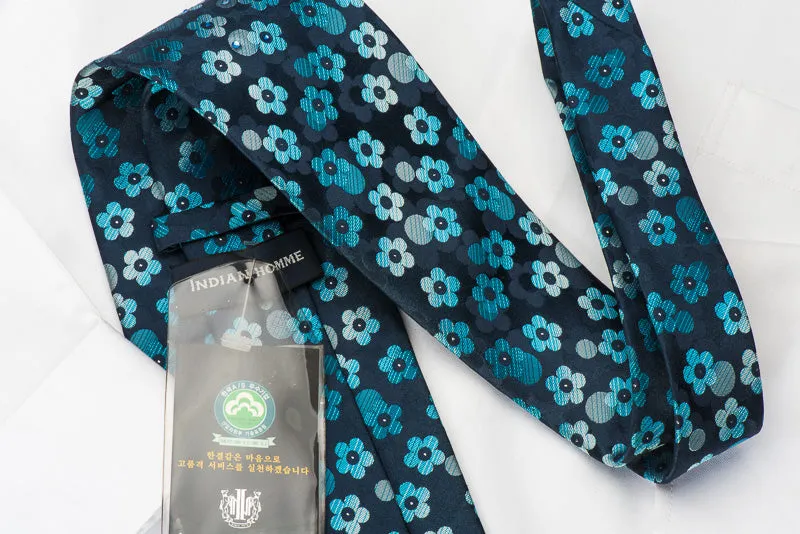 Indian Homme Rhinestone Necktie Floral On Blue Woven Silk