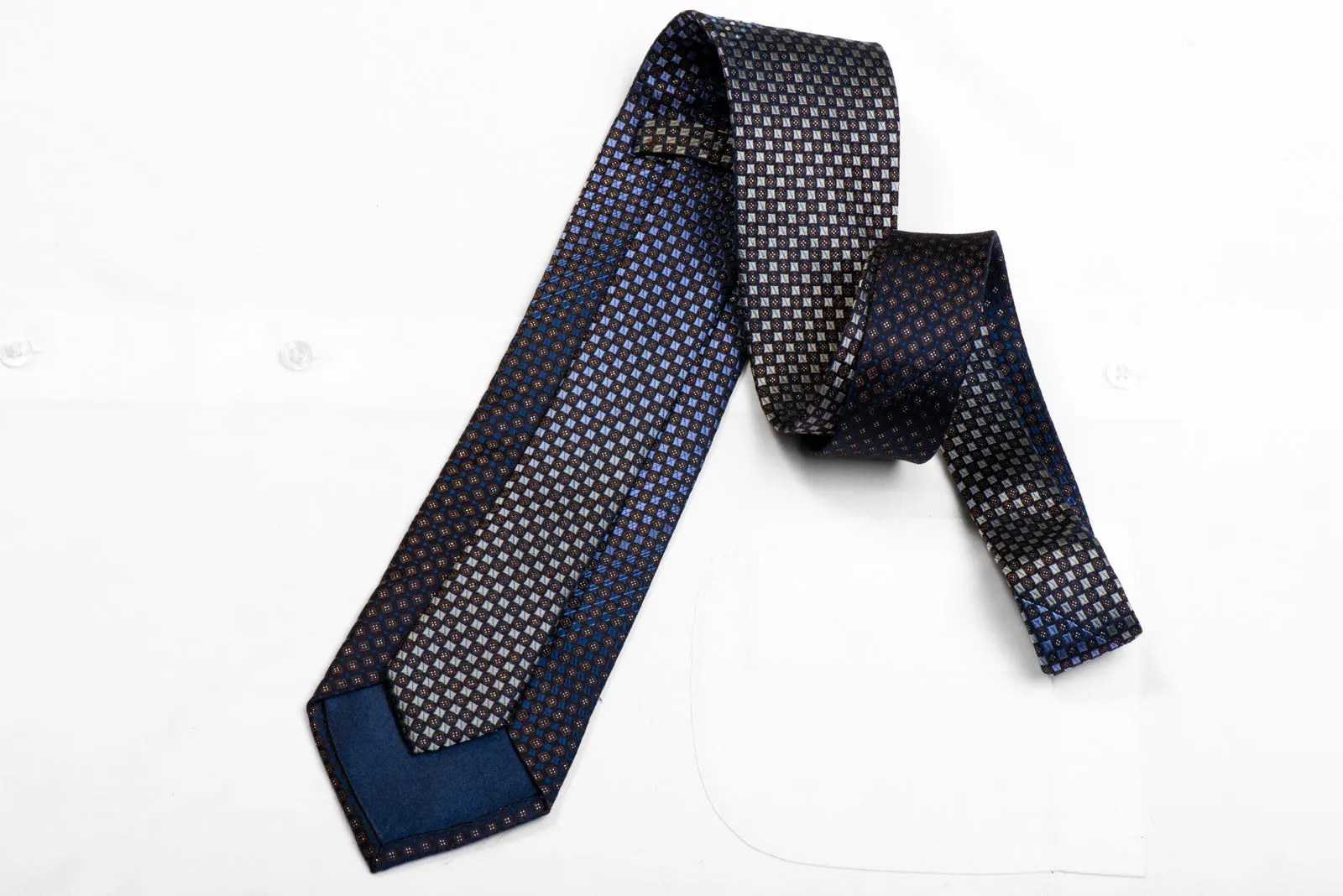 neckRhinestone Silk Necktie Silver Blue Checkered On Navy With Sparkles