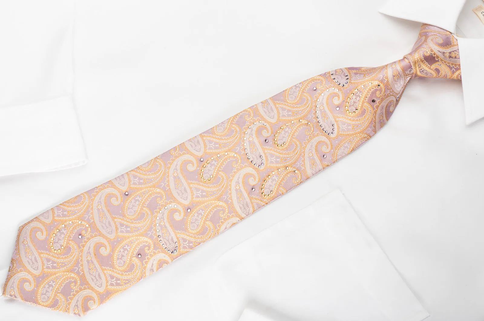 Pierre Cardin Silk Rhinestone Necktie Orange Paisley On Pink With Silver Sparkles