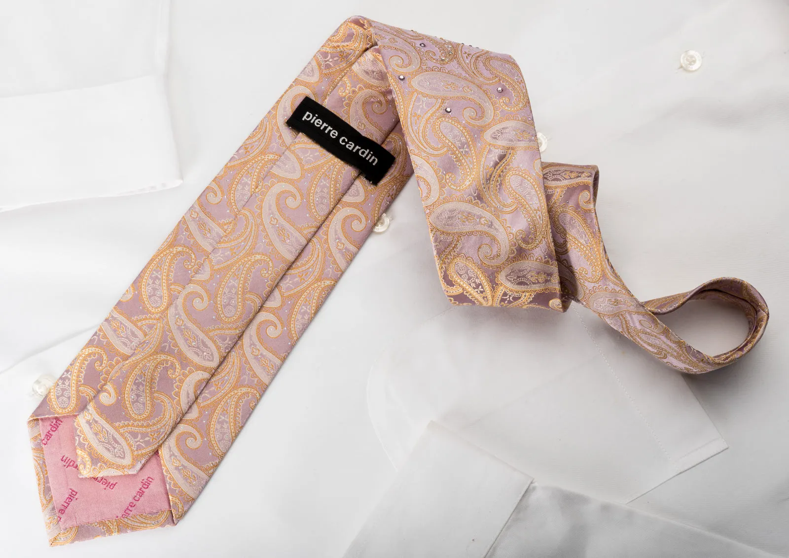 Pierre Cardin Silk Rhinestone Necktie Orange Paisley On Pink With Silver Sparkles