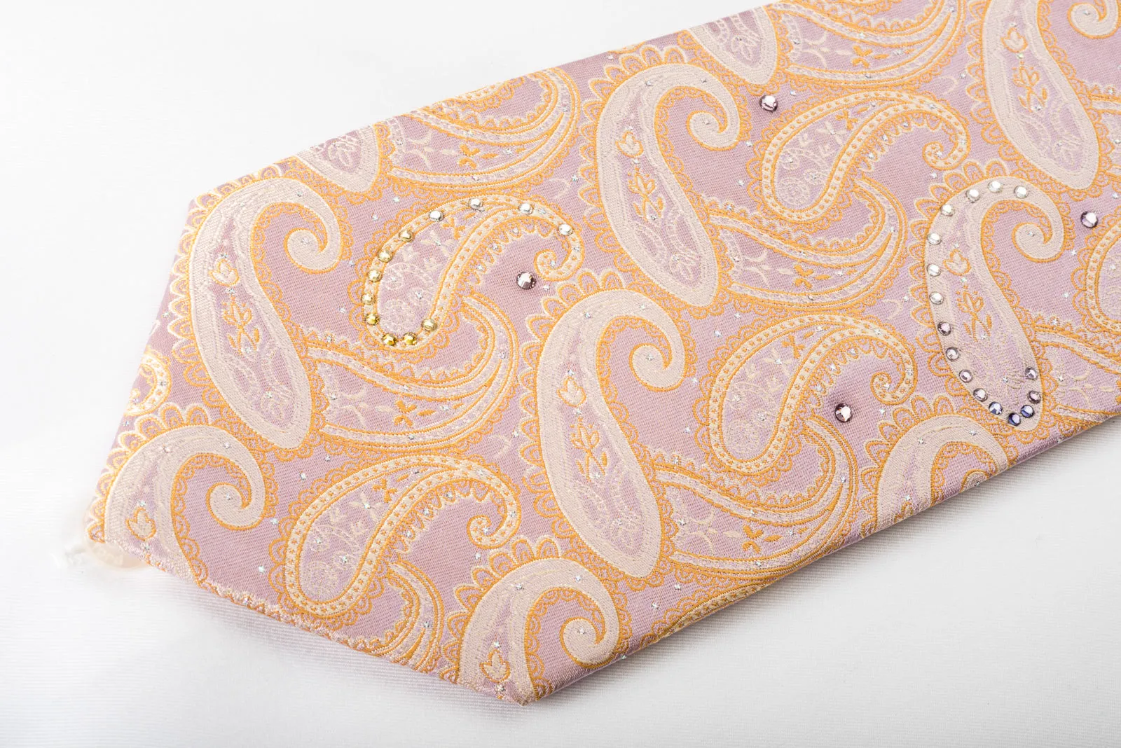 Pierre Cardin Silk Rhinestone Necktie Orange Paisley On Pink With Silver Sparkles