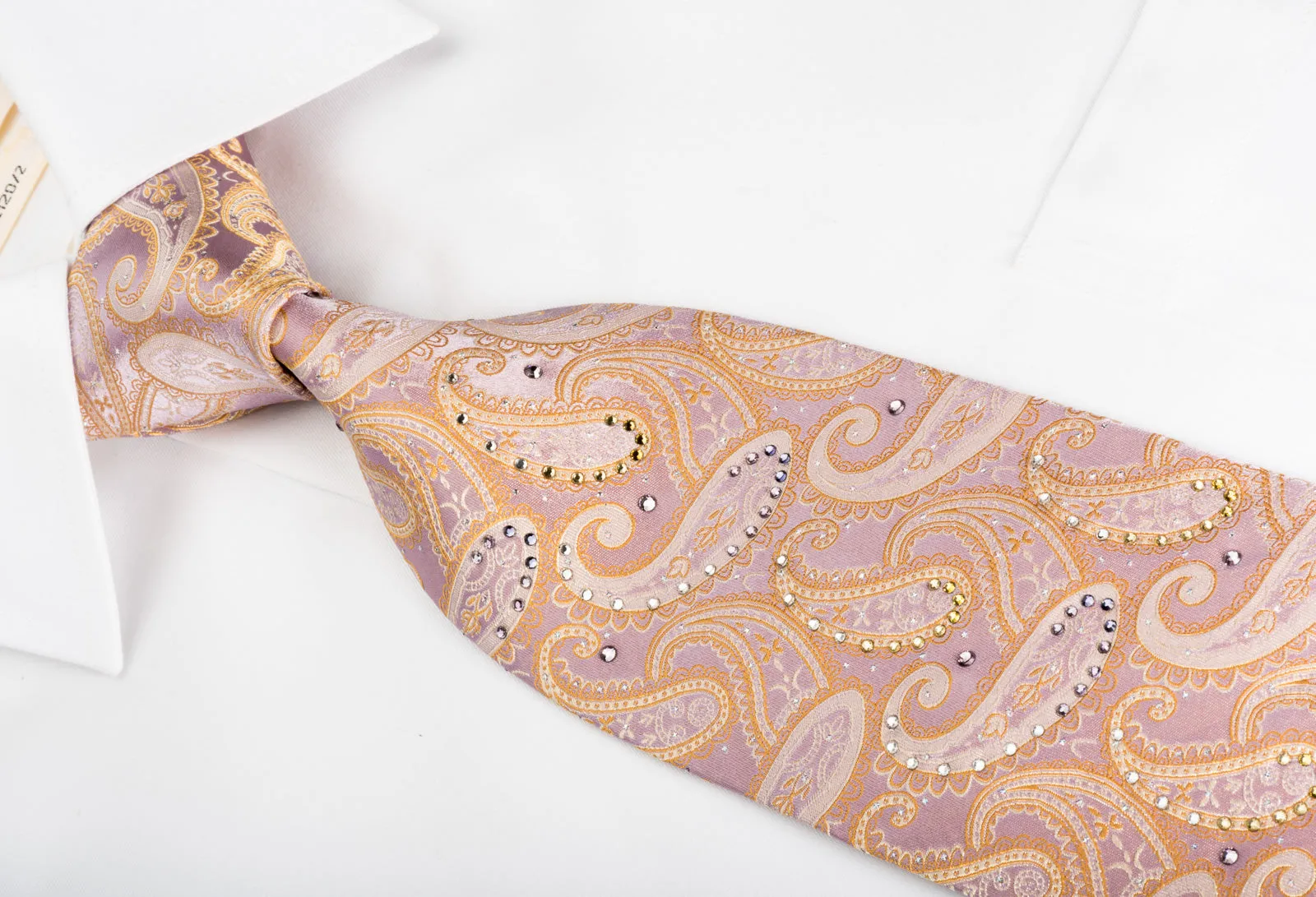 Pierre Cardin Silk Rhinestone Necktie Orange Paisley On Pink With Silver Sparkles