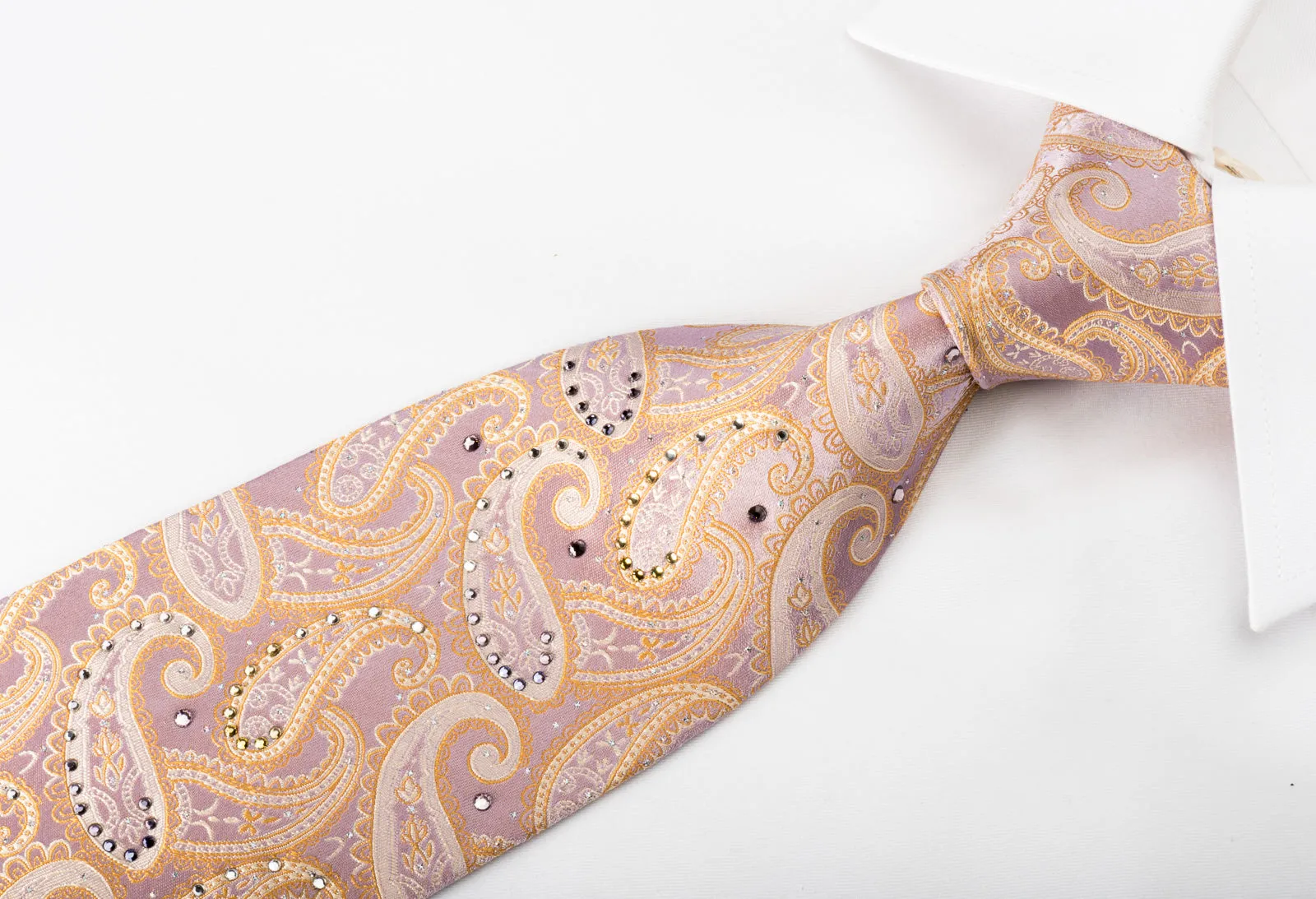 Pierre Cardin Silk Rhinestone Necktie Orange Paisley On Pink With Silver Sparkles