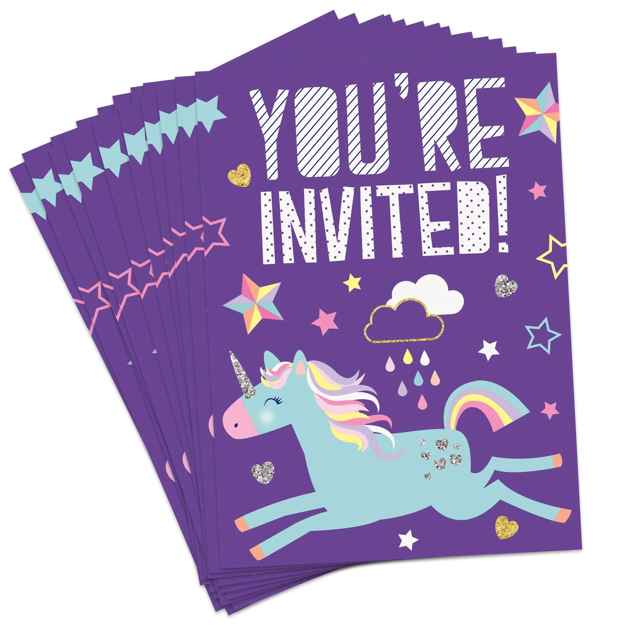 Purple Unicorn Party Supplies - Paper Invitations For 16 Guests