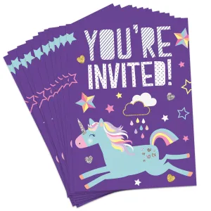 Purple Unicorn Party Supplies - Paper Invitations For 16 Guests