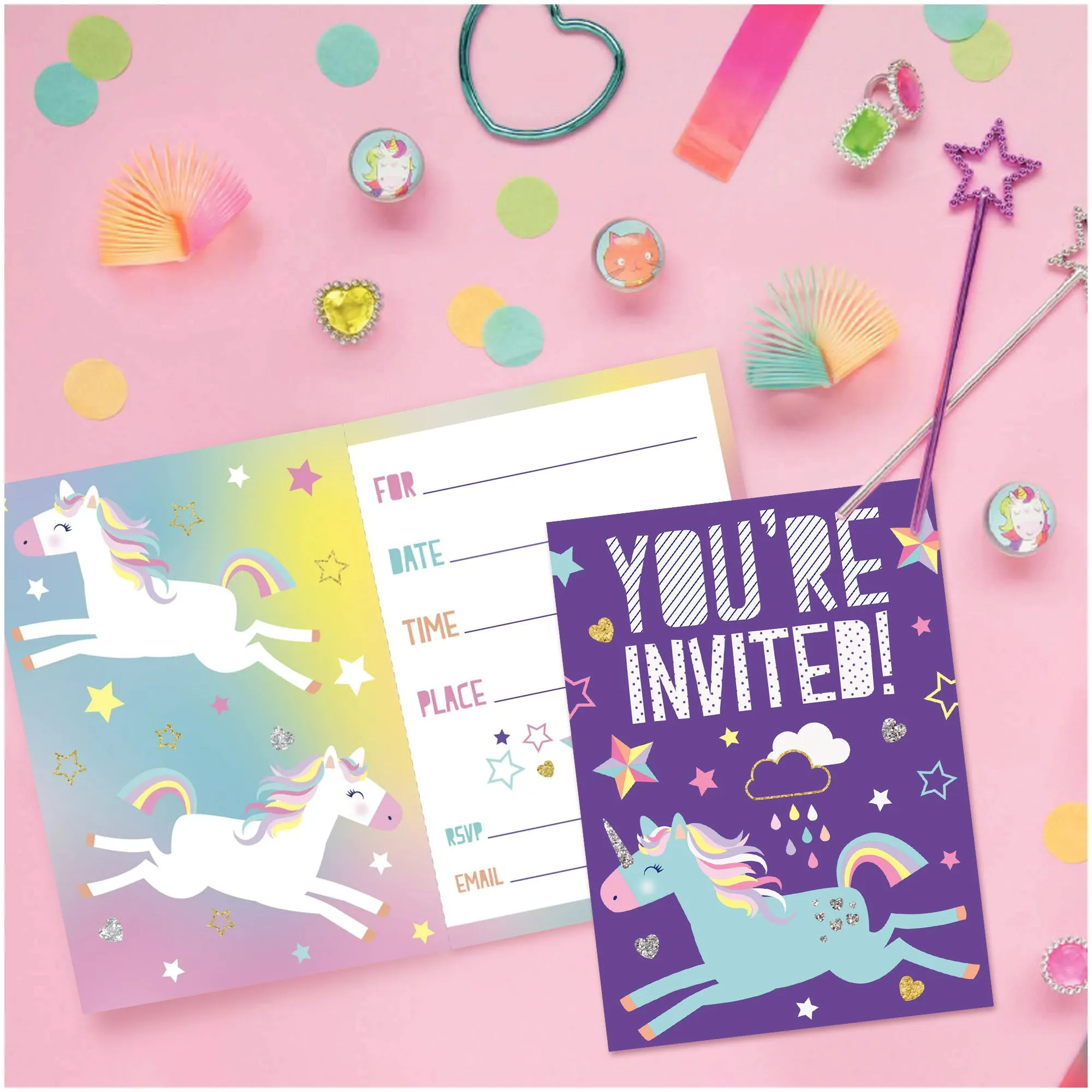 Purple Unicorn Party Supplies - Paper Invitations For 16 Guests