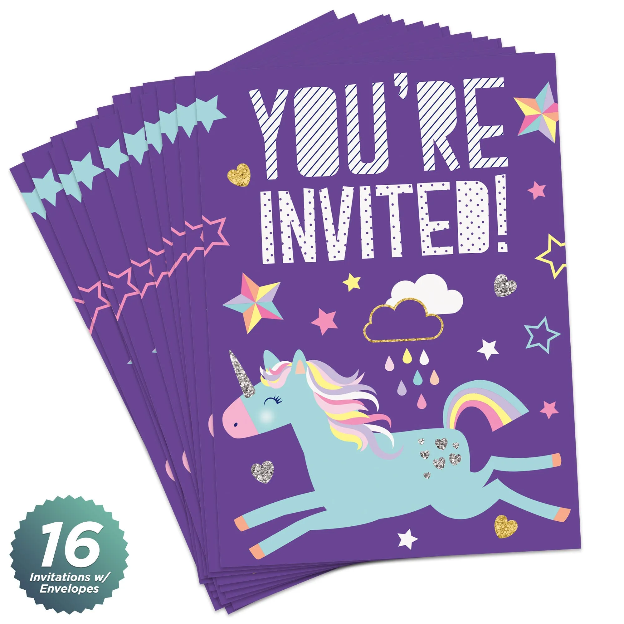 Purple Unicorn Party Supplies - Paper Invitations For 16 Guests