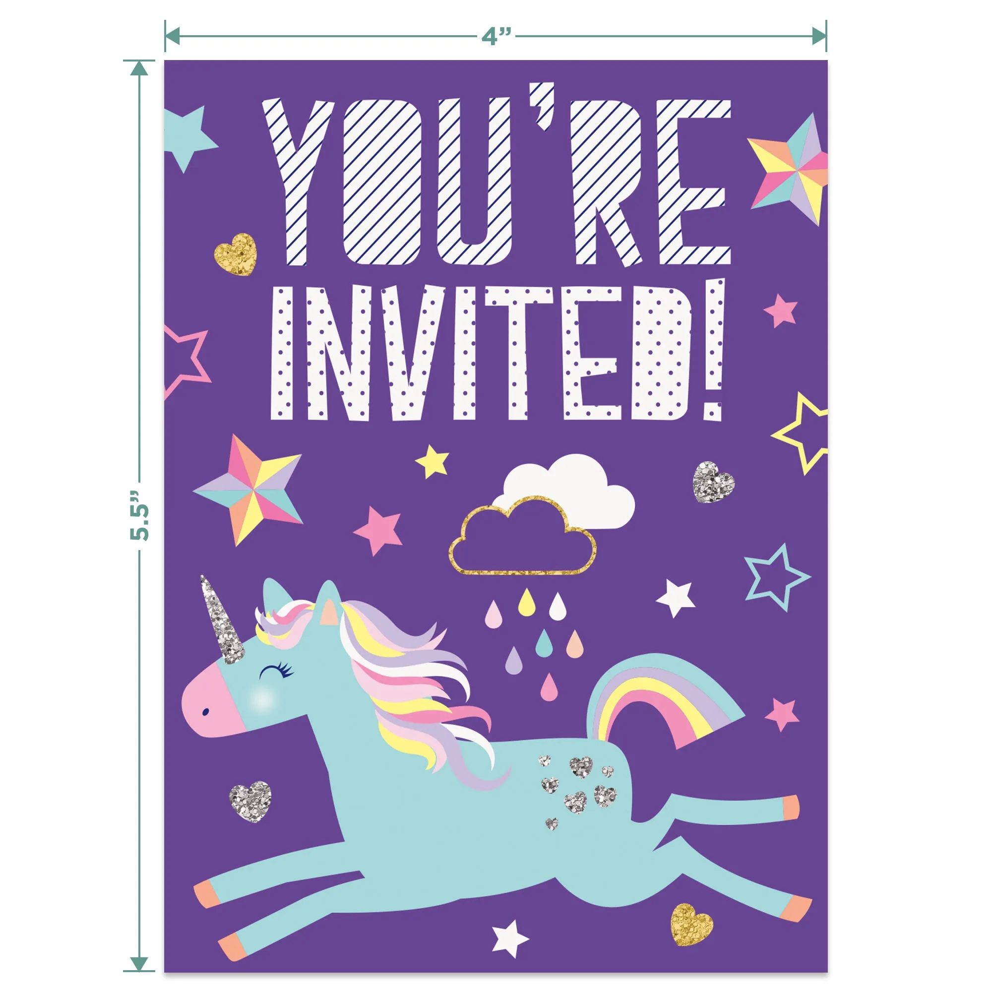 Purple Unicorn Party Supplies - Paper Invitations For 16 Guests