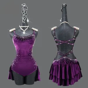 Purple Velvet  Latin Dance Competition Bustle Dress Line Skirts Stage Costume