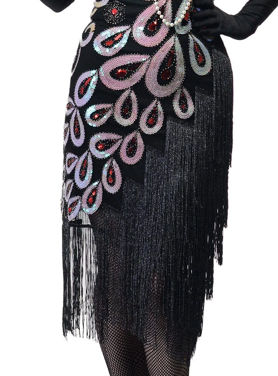 Sparkly Black Plus Size Womens 1920s Dress with Asymmetrical Fringe