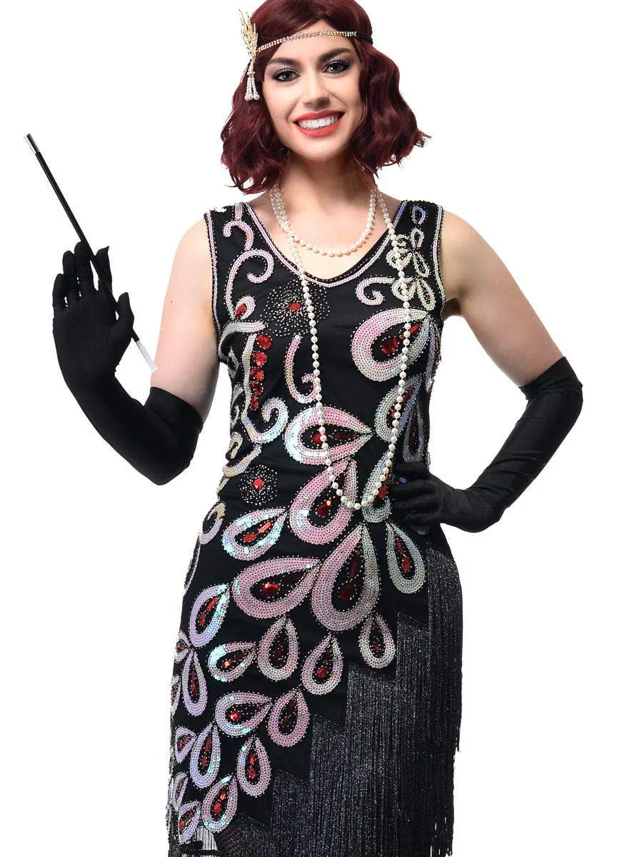 Sparkly Black Plus Size Womens 1920s Dress with Asymmetrical Fringe