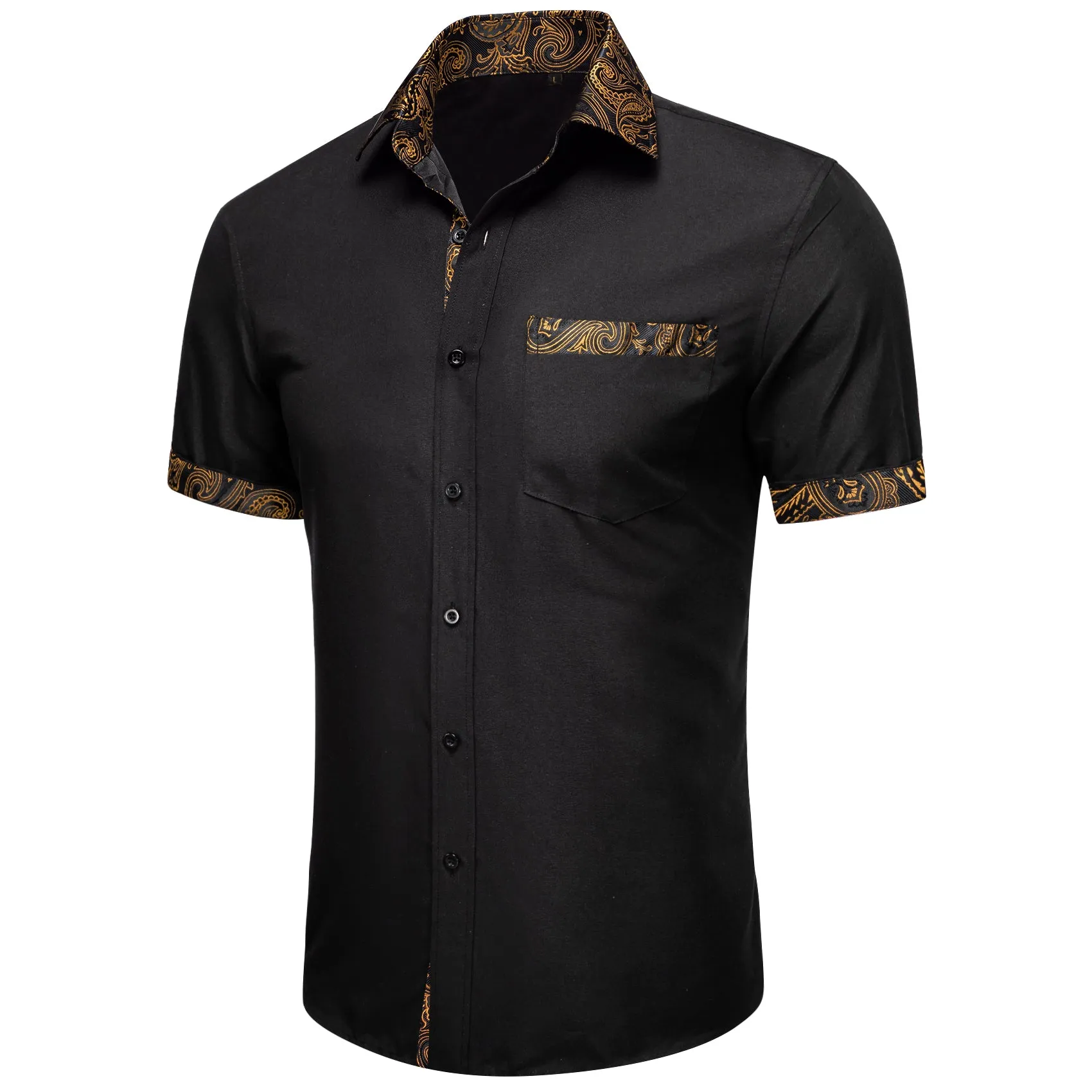 Splicing Style Black with Brown Paisley Silk Men's Short Sleeve Shirt