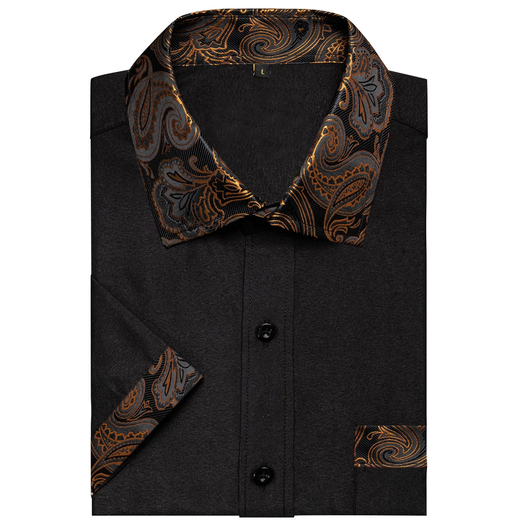 Splicing Style Black with Brown Paisley Silk Men's Short Sleeve Shirt