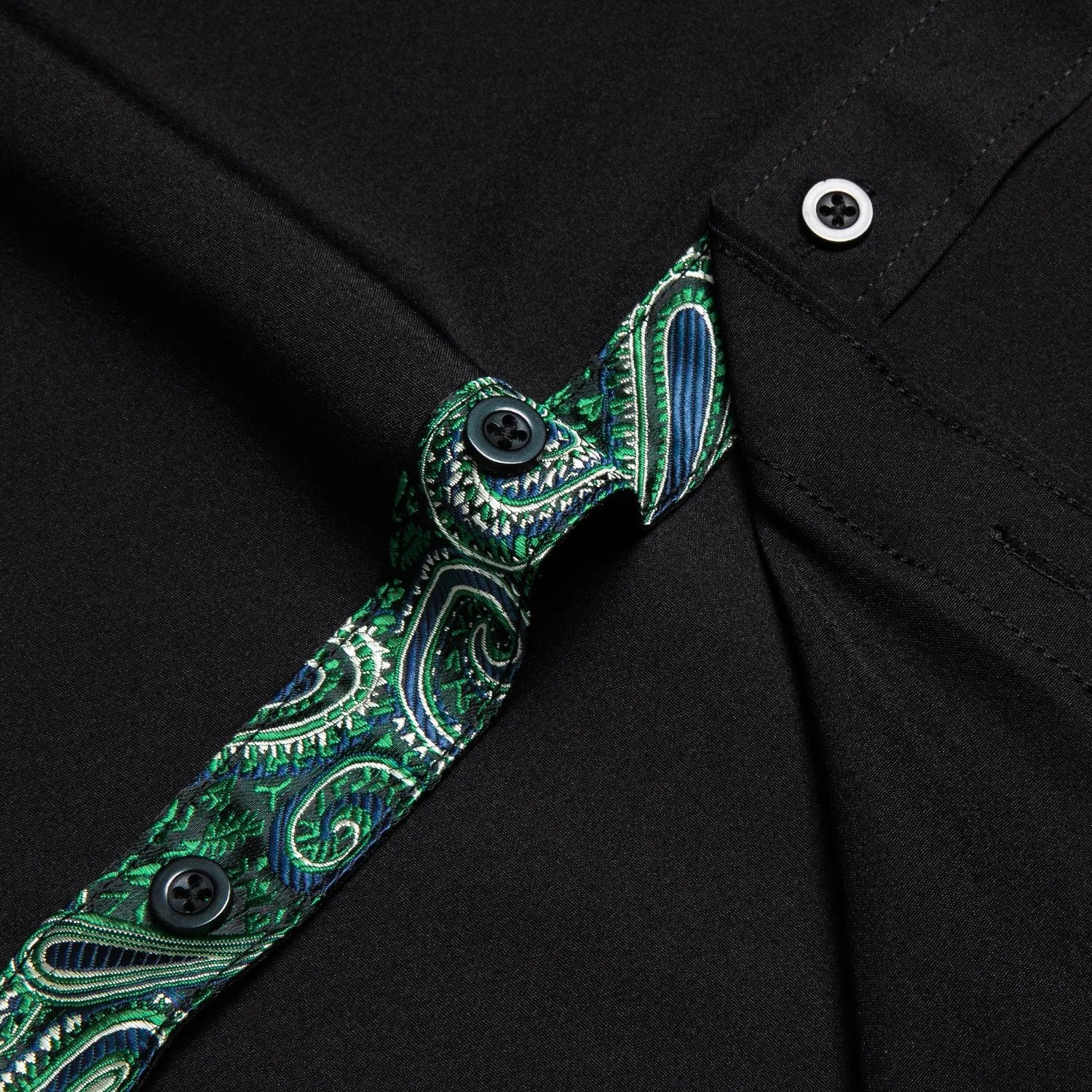 Splicing Style Black with Green Paisley Edge Men's Solid Long Sleeve Shirt