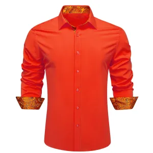 Splicing Style Orange with Blue Orange Paisley Edge Men's Long Sleeve Shirt