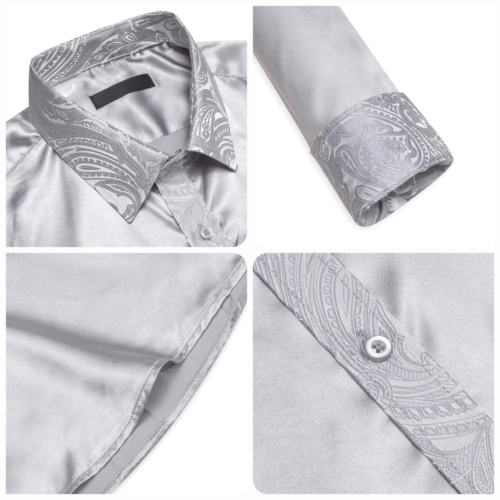Splicing Style Sliver Grey Solid with White Paisley Edge Men's Long Sleeve Shirt